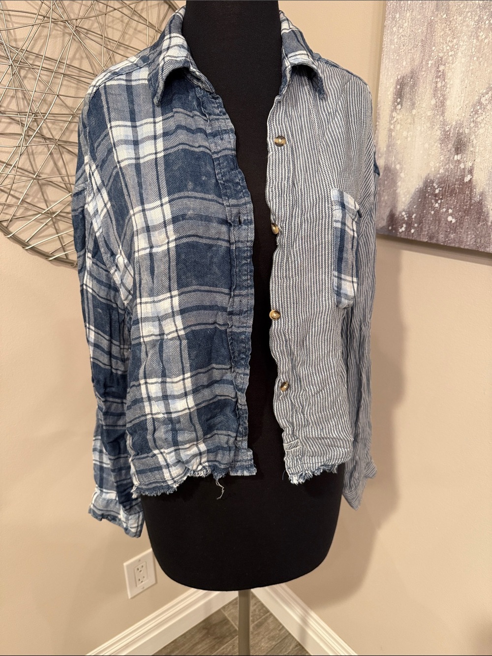 Vintage Havana Two-Tone Blue Plaid & Striped Button-Up Shirt Size Small
